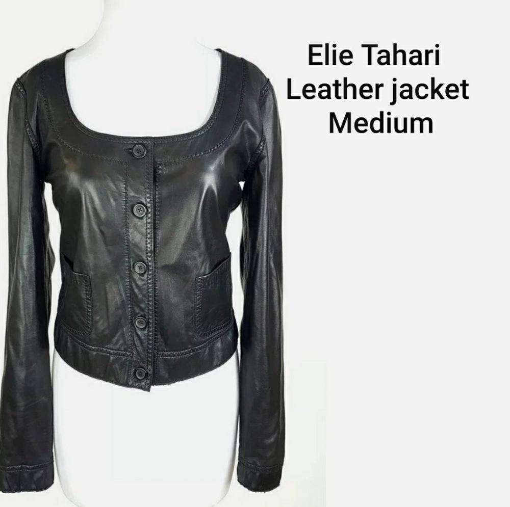 Elie Tahari Black Leather Scoop Neck Medium
